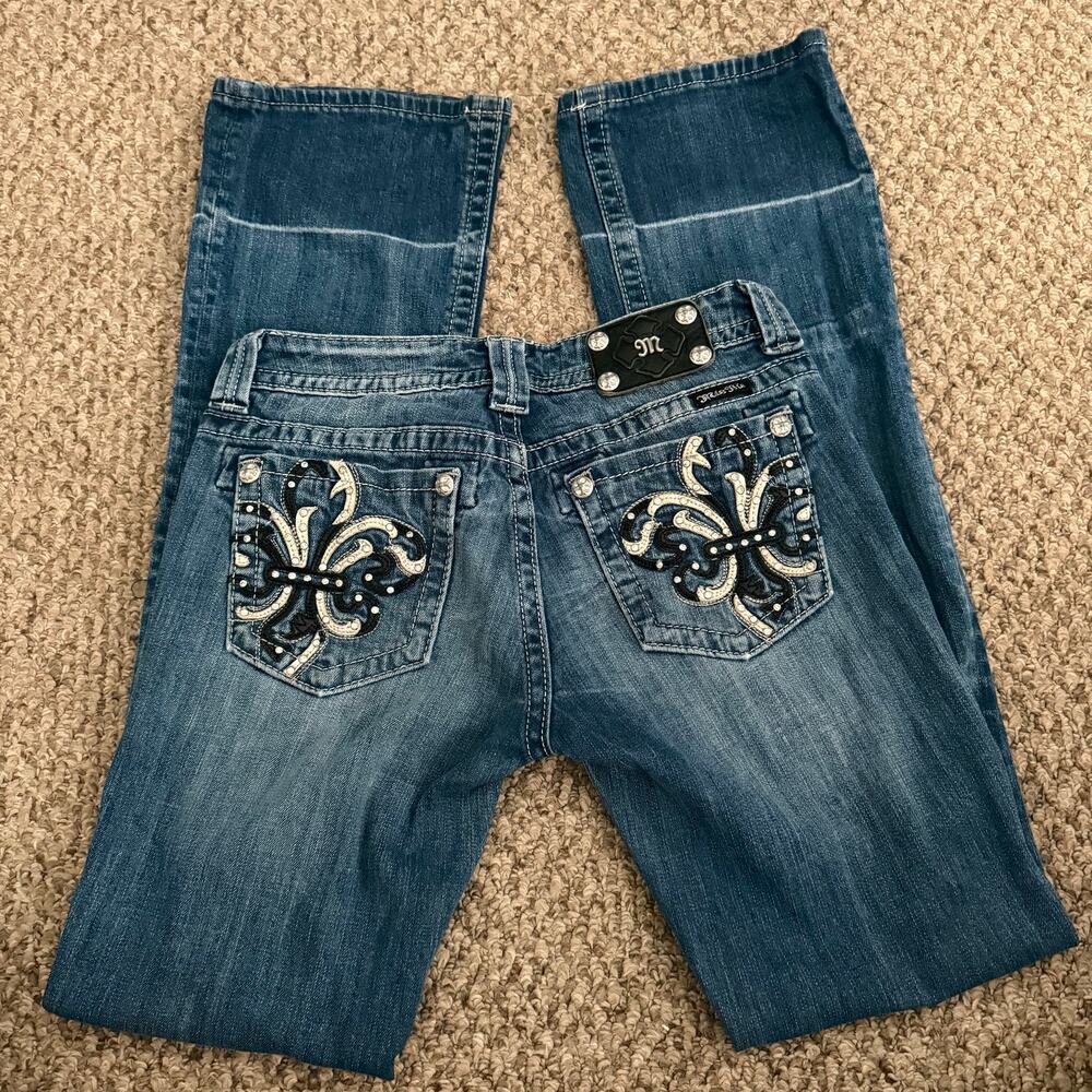 Y2K Low Rise McBling Miss Me Dark Was Bedazzled Boot Cut Women’s Jeans Sz 29 - Picture 1 of 8